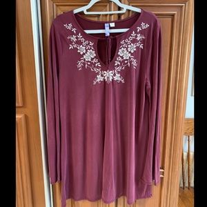 Maroon Embroidered Long Sleeve Dress